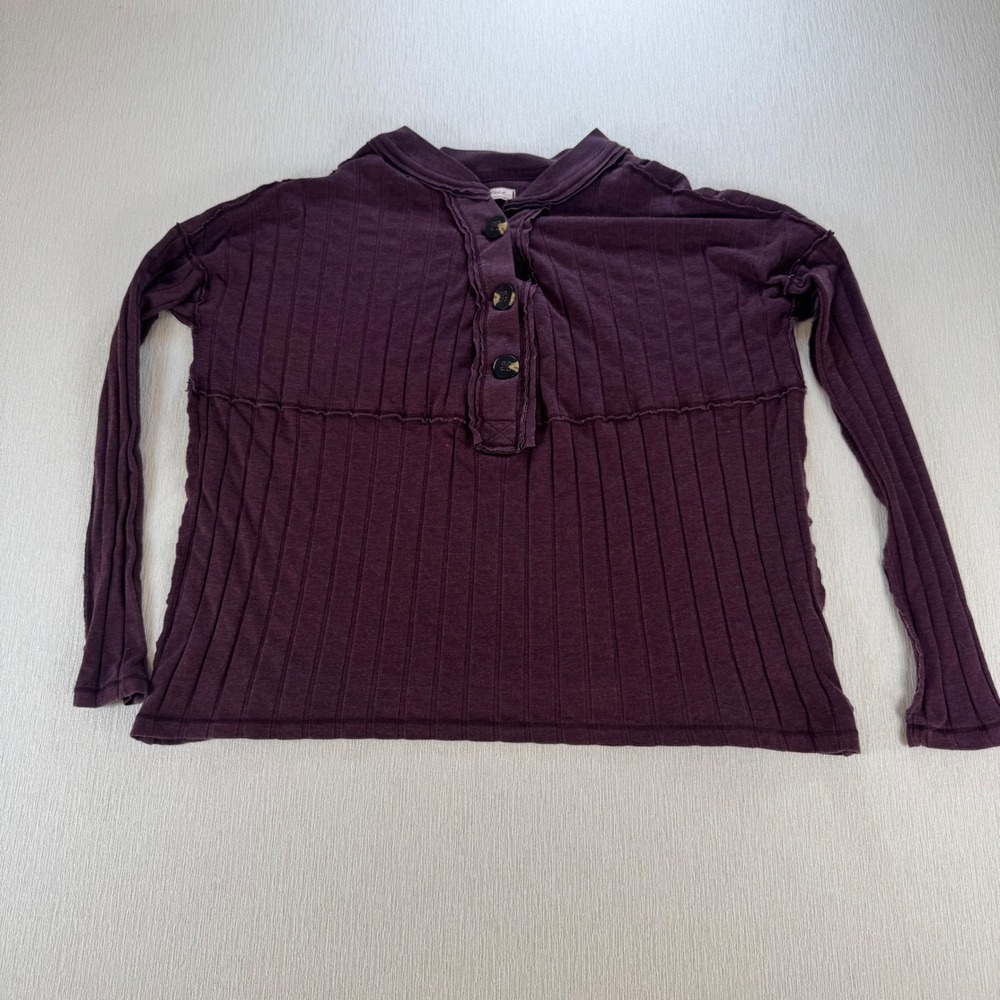 We The Free People Purple Ribbed Henley Long Sleeve Top Small Exposed Seams